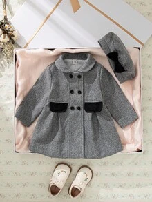 SHEIN 2pcs/Set 6Months-3Years Baby Girl Coat Casual Style Fall Outfits For Girl Warmer Coat&Hat Winter