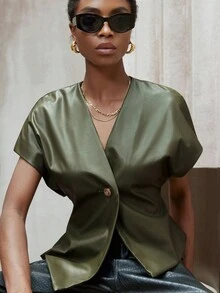 Aveloria Modichic V领不对称剪裁PU面料优雅通勤背心夹克 - 綠色 - 查看 3