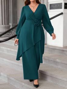 SHEIN Ellevyn Plus Size Chiffon Long Sleeve 2 Pieces Set, Autumn/Winter - Teal Blue - View 3