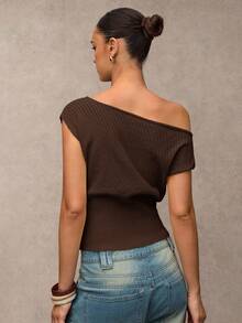 SHEIN BAE Women's Solid Color Batwing Short Sleeve Casual Regular Knit Top,Fall,Brown Sweater - Coffee Brown - View 5