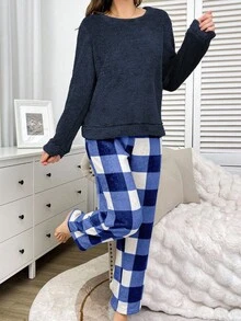 SHEIN 女士纯色圆领长袖抓绒上衣和格子裤蓬松睡衣套装，舒适蓬松睡衣套装，秋冬服装，温暖舒适 - 藍色 - 查看 3