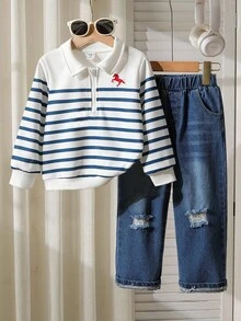 Genkimix Kids 2 件套幼儿男童休闲套装，刺绣条纹 Polo 领运动衫 + 破洞牛仔裤，春秋季时尚装扮 - 藍白色 - 查看 1