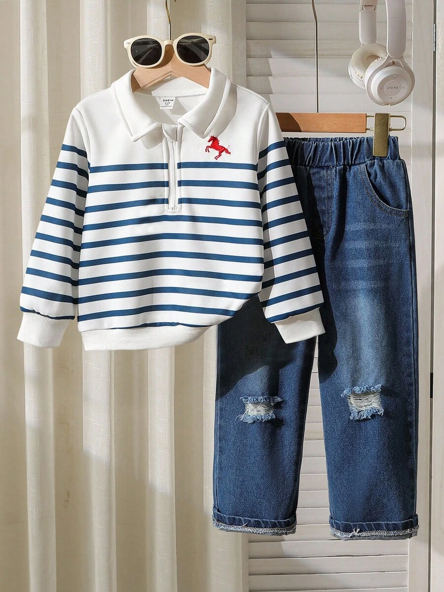 Genkimix Kids 2 件套幼儿男童休闲套装，刺绣条纹 Polo 领运动衫 + 破洞牛仔裤，春秋季时尚装扮 - 藍白色 - 查看 1