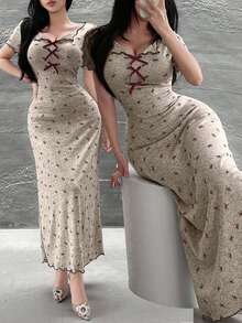 Feyla Váy dài họa tiết bướm thanh lịch dành cho nữ, mùa hè - Màu be - Xem 1