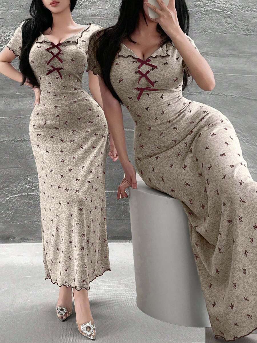 Feyla Váy dài họa tiết bướm thanh lịch dành cho nữ, mùa hè - Màu be - Xem 1