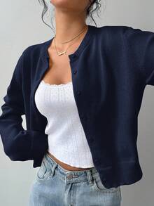SHEIN BASICS Casual Solid Color Round Neck Long Sleeve Loose Cropped Women Sweater Cardigan In Fall/Winter - Navy Blue - View 6