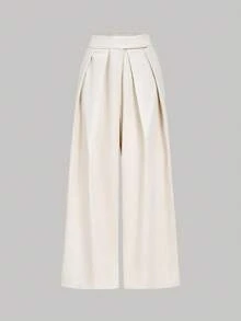 SHEIN MOD 秋冬高腰宽松百褶西装裤 - 卡其色 - 查看 3