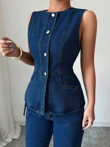 Elenzga Women's Denim Sleeveless Button Waist Vest And Pants Set - Dark Wash - View 6