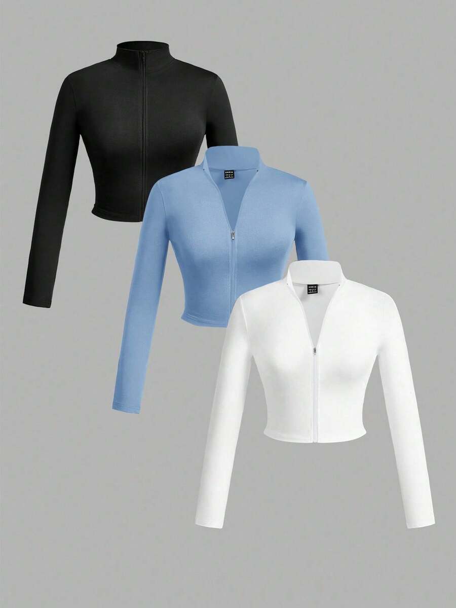 Slaydiva Bộ 3 áo thun nữ cổ chữ V co giãn, đơn giản, thời trang thu đông, tay dài bó, màu trắng + đen + xám - Màu xanh nhạt - Xem 1