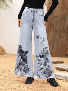 SHEIN LUNE Embroidered High-Waisted Wide-Leg Jeans - Blue - View 1