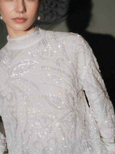 Anewsta 女士优雅串珠网眼长袖衬衫