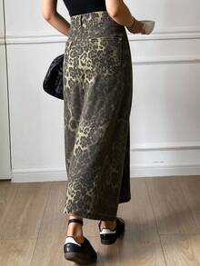 DAZY Women's Loose Fit Leopard Print Denim Skirt, Autumn - Brown - View 2