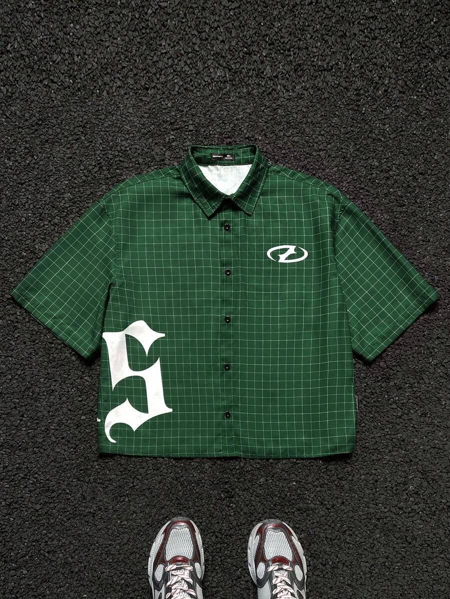 AXEPEAK 男士宽松英文字母和格子印花短袖绿色梭织衬衫，校园，街头风格 - 綠色 - 查看 1