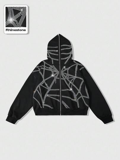 ROMWE MEN Street Life Men's Fashion Spider Web Rhinestone Decor Hoodie Sweatshirt, Fall