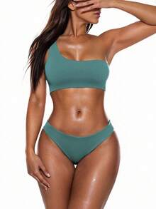 Swim Basics Rib One Shoulder Bikini Set,Summer Beach