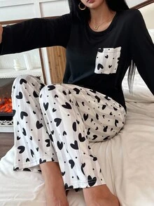 Heart Print Casual Crew Neck Long Sleeve Top & Long Pants Women Pajama Set, Fall Winter Clothes Heart Print Pajama Set Comfy Pajama Set - Black - View 4