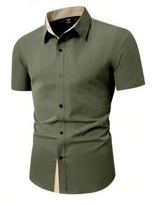 Manfinity Mode 男士纯色纽扣短袖衬衫，休闲男士修身衬衫男士商务休闲衬衫男士休闲正装衬衫男士衬衫休闲修身男士修身衬衫 - 軍綠色 - 查看 5