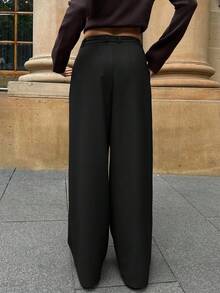 Forever 21 Women Asymmetrical Casual Wide Leg Pants Women's Fashion Office Commuting Versatile High Waist High-End Asymmetrical Wide Leg Suit Pants - Black - View 2