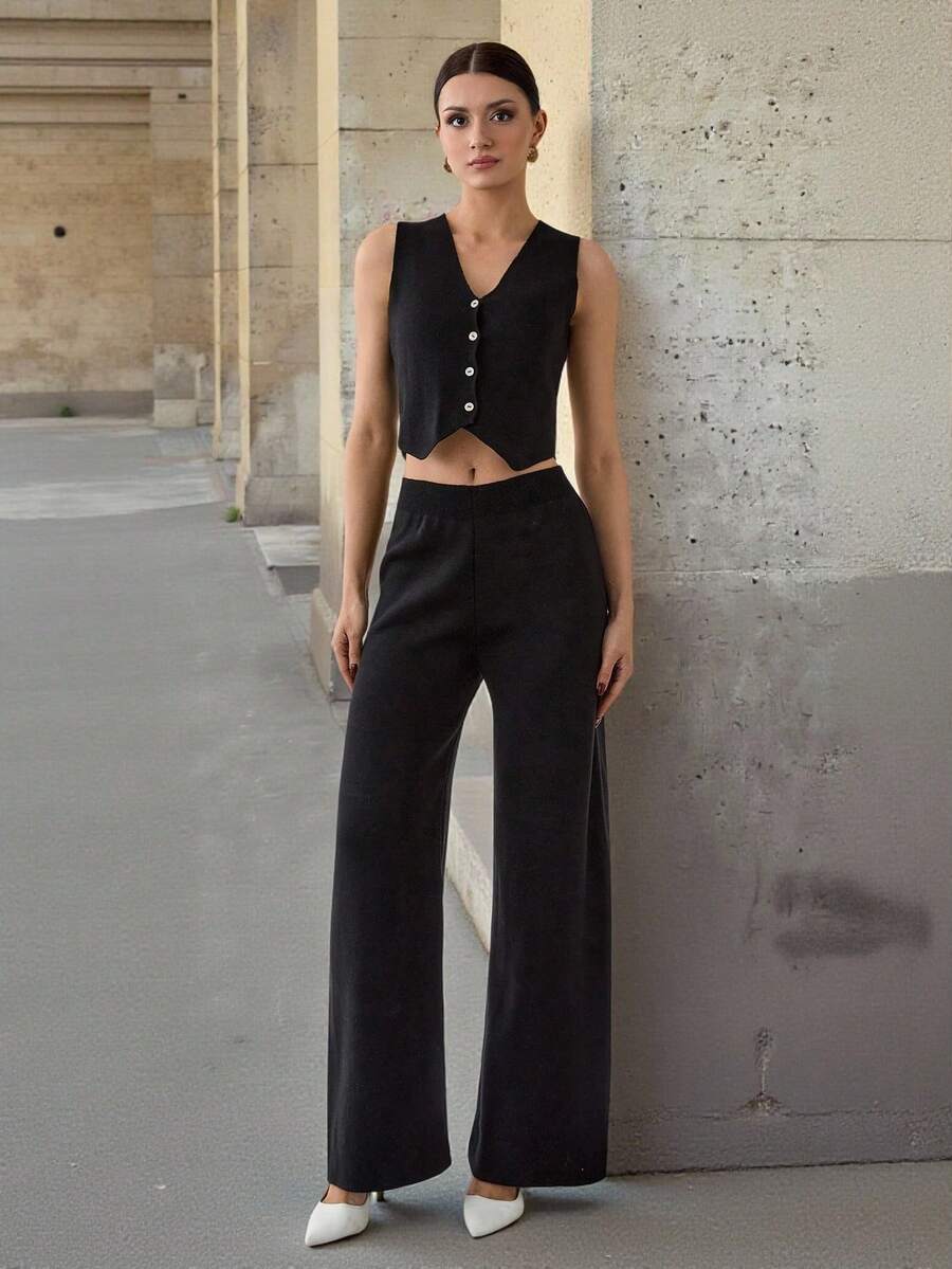 CLARA VERO Conjunto de 2 piezas de chaleco de punto con botones delanteros y pantalones de punto de unicolor para mujer, ropa de invierno, otoño - Negro - Ver 1