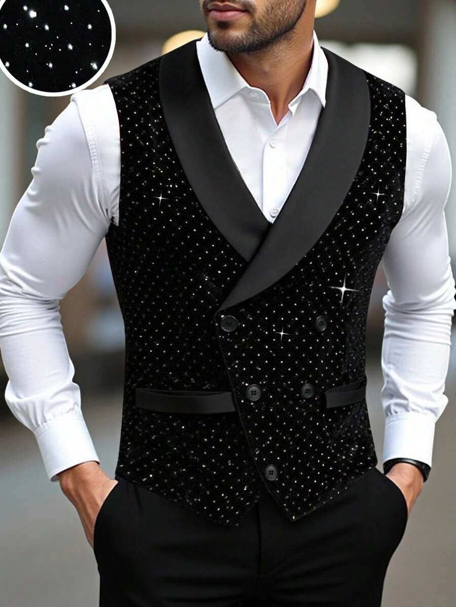 Manfinity AFTRDRK Áo vest đính đá Rhinestone sang trọng, lịch lãm dành cho nam, thiết kế cổ choàng, tăng thêm phong cách và sự đa dạng, phù hợp để mặc đi làm hàng ngày, đi làm, dự tiệc và tiệc tối. Chiếc áo vest này là một món đồ đa năng không thể thiếu trong tủ đồ của nam giới, và là một món quà tuyệt vời cho bạn trai hoặc chồng, theo phong cách quý tộc cổ điển. - màu đen - Xem 1