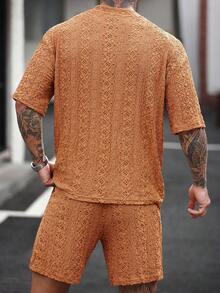 Manfinity Homme Men's Knitted Textured Jacquard Solid Color T-Shirt And Shorts Set