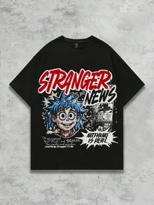 ROMWE MEN Street Life Camiseta casual de hombre con estampado de lema de dibujos animados, verano