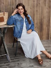 EMERY ROSE Plus Size Casual Vacation Washed Denim Jacket - Medium Wash - View 6