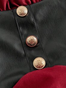 SHEIN MOD 女士哥特复古PU拼接喇叭袖荷叶边红色连衣裙，巴洛克风格，奢华宫廷风，适合约会、派对、生日、舞会、邮轮旅行、节日等场合。红色束身连衣裙，文艺复兴时期维多利亚风格连衣裙，红色农家连衣裙，万圣节服装，女士冬季服装，婚礼宾客礼服，哥特风，女士音乐会服装，仙女风 - 紅色和黑色 - 查看 3