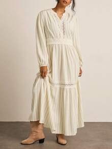 SHEIN VCAY Váy dài tay thường ngày kẻ sọc và ren cỡ lớn Quần áo thu đông Váy mùa đông cho nữ Váy dự tiệc thanh lịch cho phụ nữ Tiền cũ Trang phục đi chơi Phong cách Boho Đồng quê miền Tây Thường ngày - Màu be - Xem 5