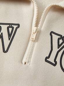 SHEIN 2 件套女士套装，新款秋冬，杏色立领拉链连帽衫，配套罗纹袖口长袖运动裤，MEW YORK REOOKLYN 字母印花，舒适休闲，母女搭配