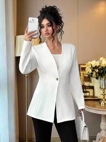 Elenzga 大码女式V领纯色商务休闲西装外套 - 白色 - 查看 6