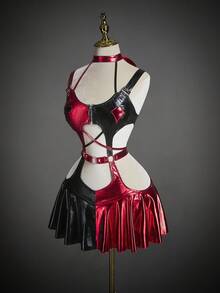 SHEIN ICON Váy mini hở lưng phối màu gợi cảm thời trang - Đỏ và đen - Xem 1