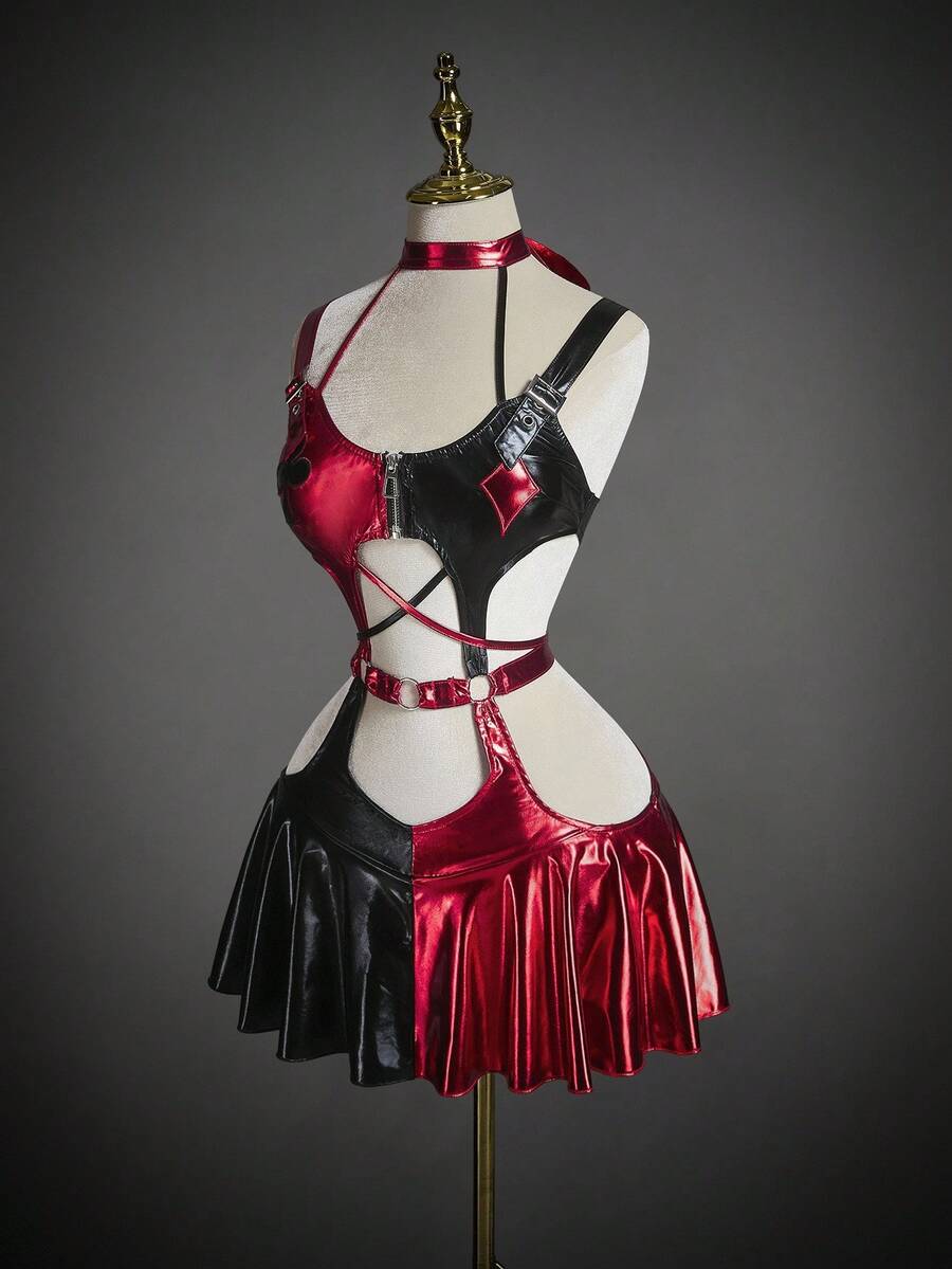 SHEIN ICON Váy mini hở lưng phối màu gợi cảm thời trang - Đỏ và đen - Xem 1