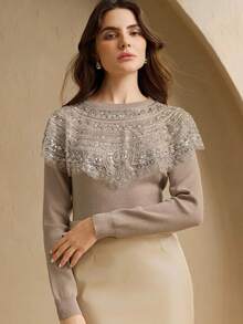 Anewsta Elegant Women's Beaded Collar Floral Embellished Sweater - Khaki - View 3