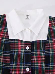 SHEIN Sparklyn Tween Girls Plaid Collared Puff Sleeve Cardigan Top With Elastic Waist Pleated Skirt, Academic Style For Spring & Autumn Fall Winter