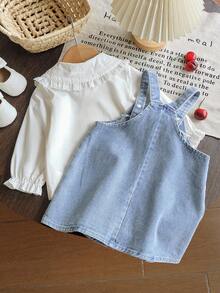 SHEIN Vintaside Kids 2 件女婴休闲可爱领长袖衬衫和围兜裤套装，带有 3D 花卉装饰，适合春秋季日常穿着