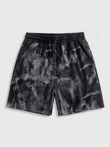 ROMWE MEN Grunge Punk Pantalones cortos estampados con estilo retro para hombres, adecuados para el uso diario en primavera/verano - Negro - Ver 1