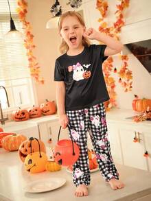 طقم بيجامة قصير الأكمام وبنطال مطبوع بالقرع لفتاة في عيد الهالوين - متعدد الألوان - مشاهدة 1