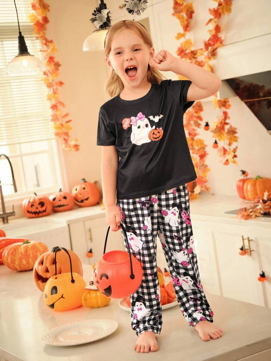 طقم بيجامة قصير الأكمام وبنطال مطبوع بالقرع لفتاة في عيد الهالوين - متعدد الألوان - مشاهدة 1