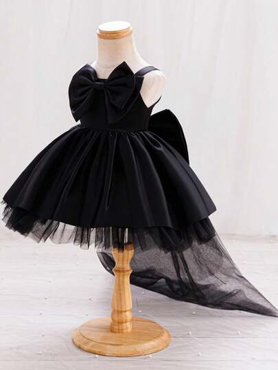 Glamorique Kids 无袖露背蝴蝶结拖尾正式连衣裙，适合女婴，可用于派对、生日、各种季节，也可作为万圣节服装。黑色优雅连衣裙，适合幼儿和婴儿，优雅黑色连衣裙，黑色派对连衣裙，适合婴儿秋冬季穿着。