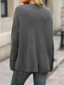 EMERY ROSE Suéter Casual de Cor Sólida com Abertura Lateral de Manga Longa, Suéter Cinza de Outono/Inverno, Suéter Feminino com Botão, Suéter de Tricô, Parte Superior de Suéter - Cinza - Visão 2