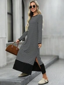 EMERY ROSE 条纹拼布长袖宽松连衣裙 - 彩色 - 查看 6