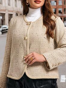 Ellevyn Plus Size Women's Jacket, Elegant Patchwork Tape Design, Metal Button Decor, Suitable For Autumn & Winter Fall - Khaki - View 5