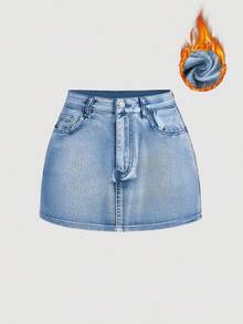 SHEIN MOD Chân váy denim giặt thường ngày có nơ trang trí cho nữ - Màu xanh lam - Xem 2