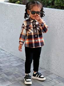 2 Stück Baby Mädchen Retro Karomuster Flanell Hemd Jacke mit Kragen und Knöpfen & Dicke Hose mit elastischem Bund, geeignet für den Winter