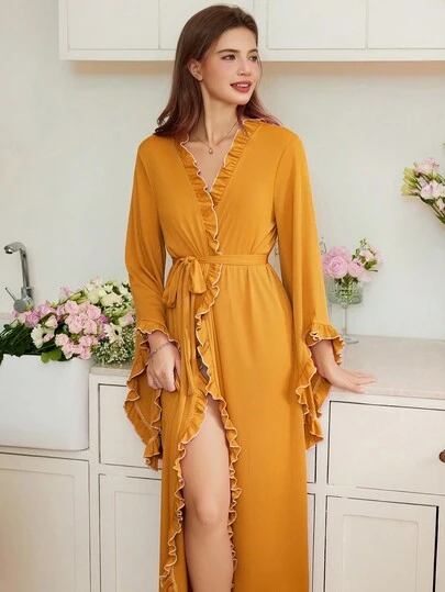 Snug Reverie 女式休闲纯色荷叶边收腰针织长袍家居服秋季舒适服装