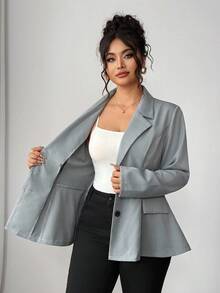 Elenzga 大码女装优雅通勤热销面料灰色提花设计公主线缝腰部开叉A字形仿口袋长袖简约百搭多场合舒适面料独特风格高性价比 - 灰色 - 查看 8