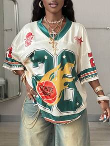 Coolane 女式夏季音乐会狂欢街头服饰复古 Y2K 数字图案超大 V 领 T 恤、针织 T 恤