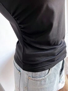 2 件套青少年女孩简约休闲百搭百搭夏季纯色方领褶皱修身短款背心，黑白经典组合 - 黑與白 - 查看 4