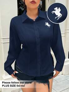 SHEIN EZwear 大码女式休闲骑士图案长袖衬衫，适合夏季、秋季和冬季 - 藍色 - 查看 1
